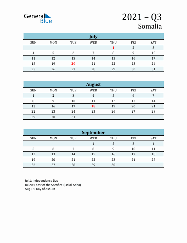Three-Month Planner for Q3 2021 with Holidays - Somalia