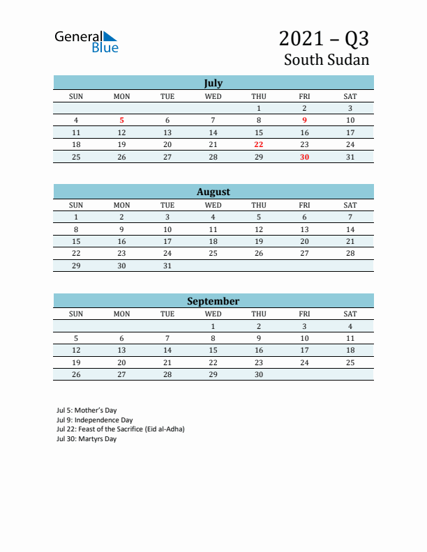 Three-Month Planner for Q3 2021 with Holidays - South Sudan