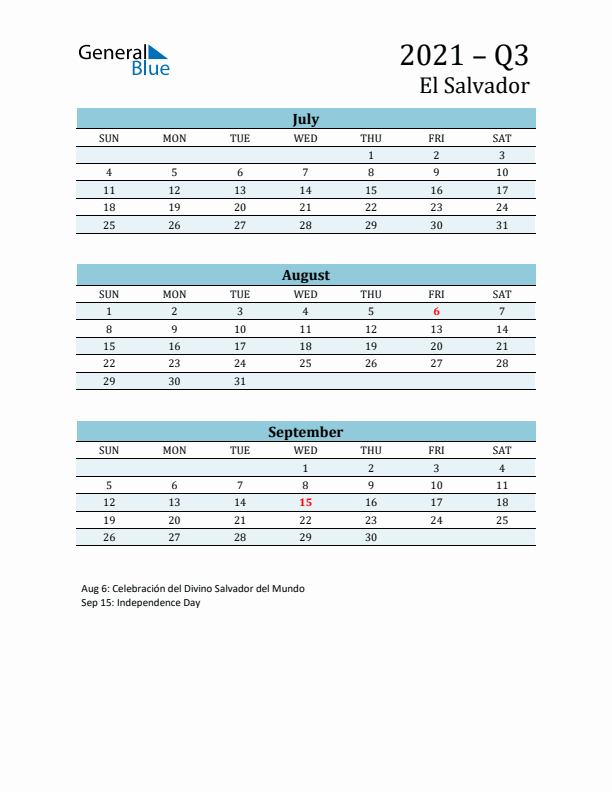 Three-Month Planner for Q3 2021 with Holidays - El Salvador