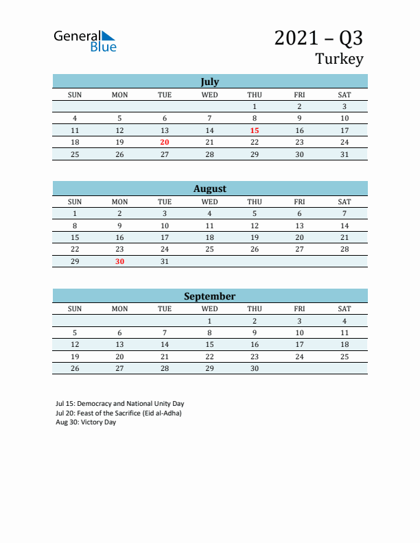 Three-Month Planner for Q3 2021 with Holidays - Turkey