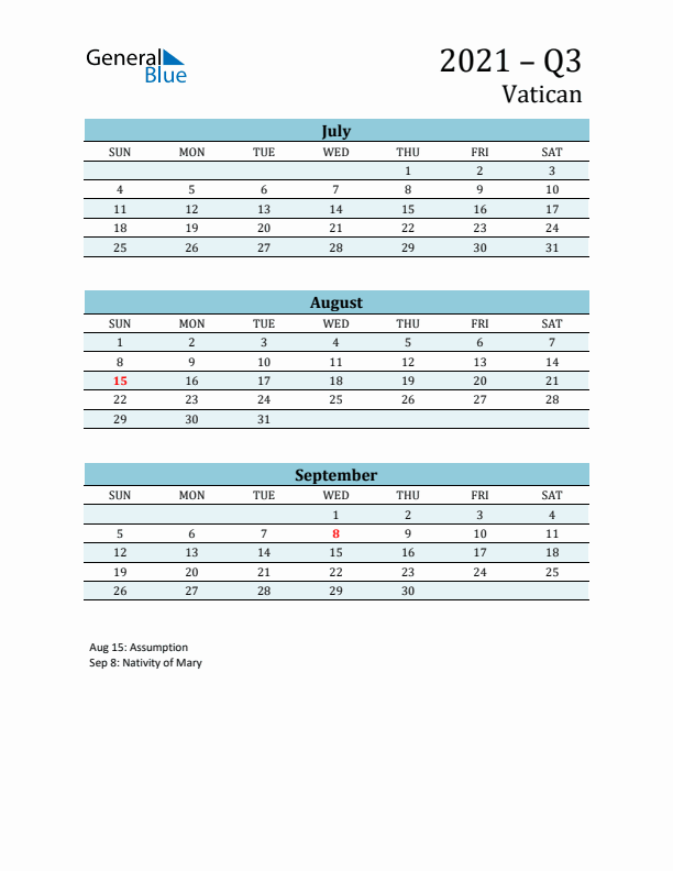 Three-Month Planner for Q3 2021 with Holidays - Vatican