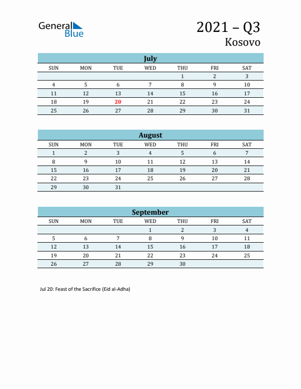 Three-Month Planner for Q3 2021 with Holidays - Kosovo