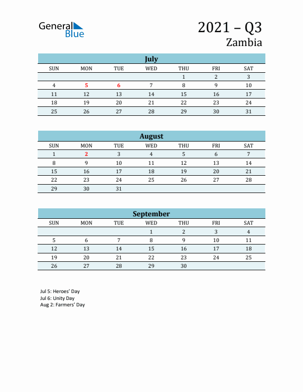 Three-Month Planner for Q3 2021 with Holidays - Zambia