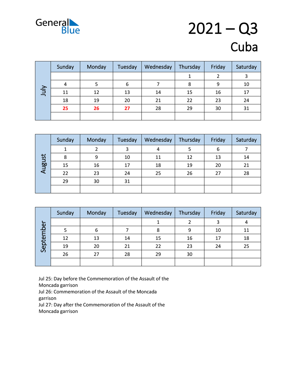 Free Q3 2021 Calendar for Cuba