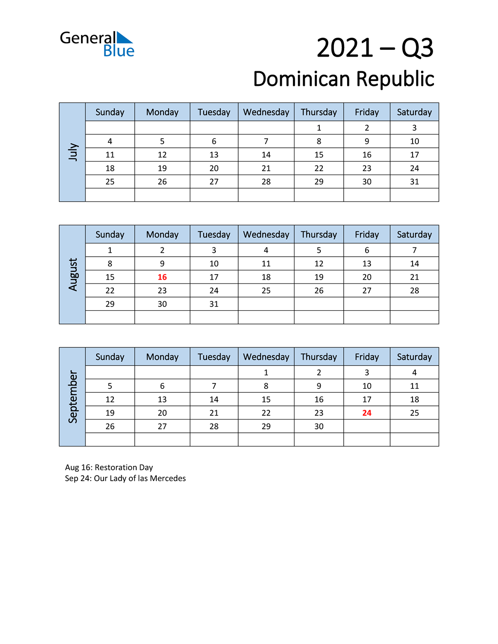  Free Q3 2021 Calendar for Dominican Republic