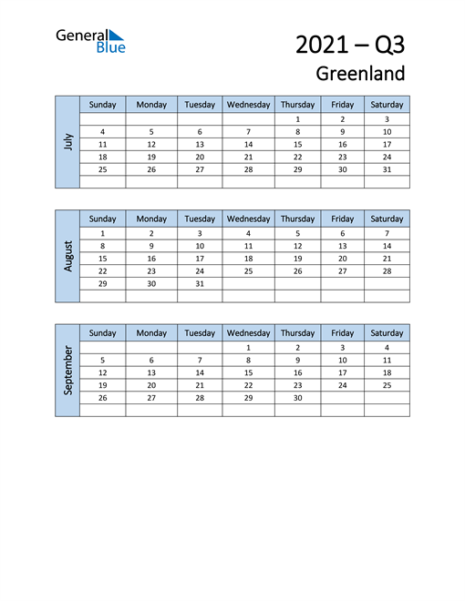  Free Q3 2021 Calendar for Greenland