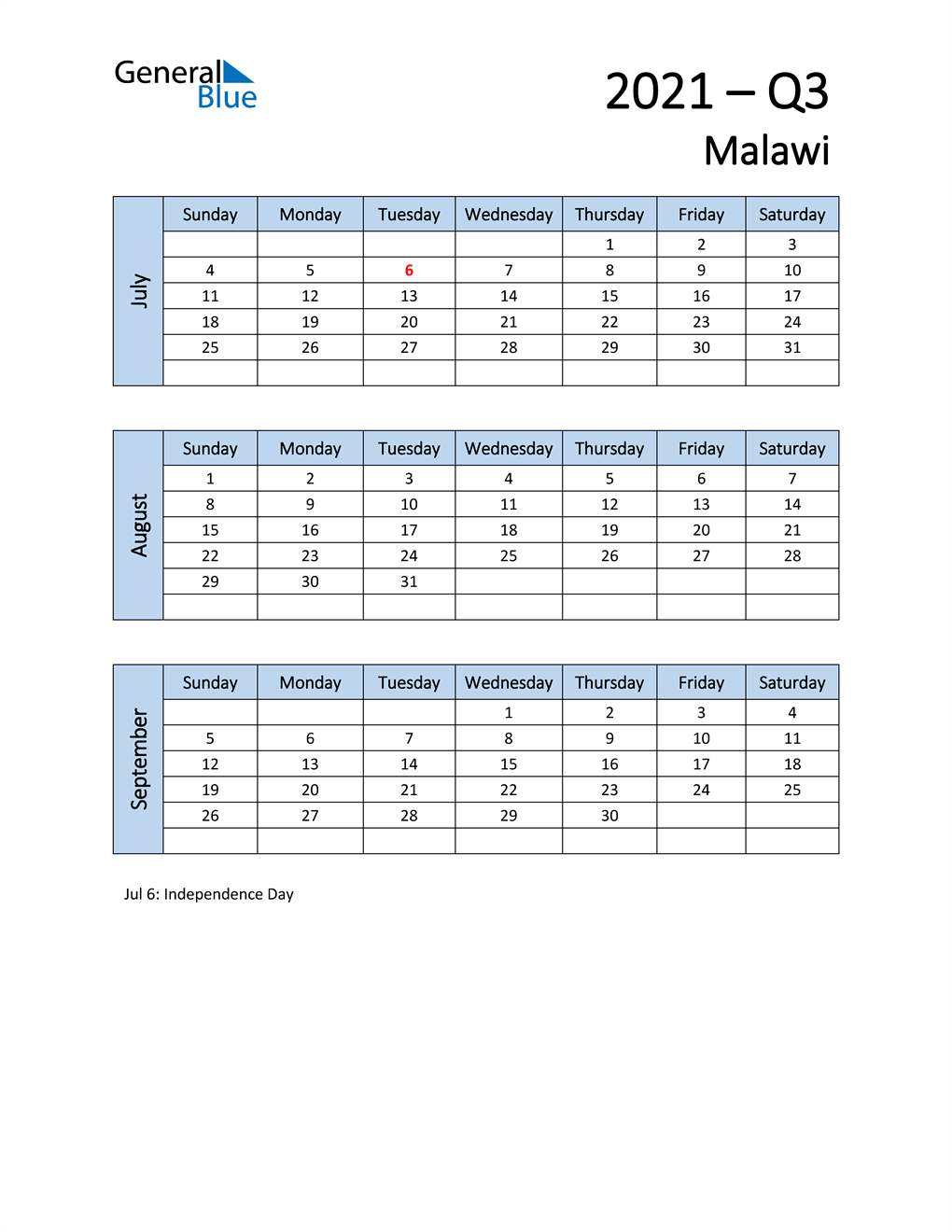  Free Q3 2021 Calendar for Malawi