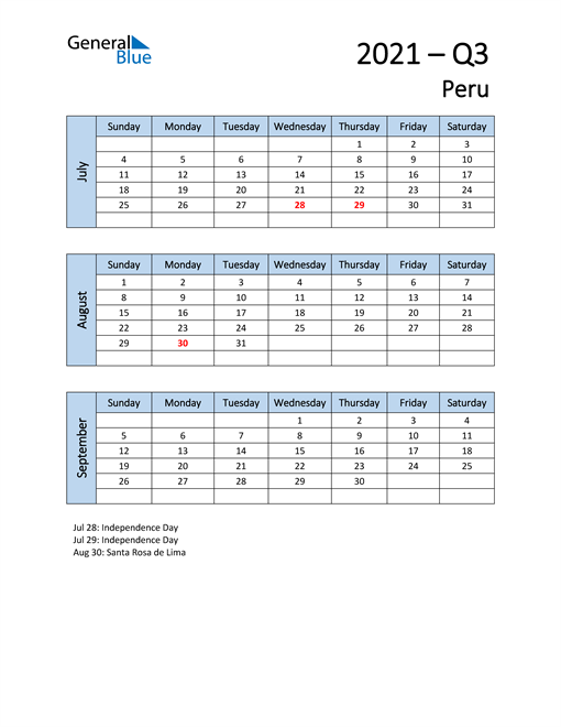  Free Q3 2021 Calendar for Peru