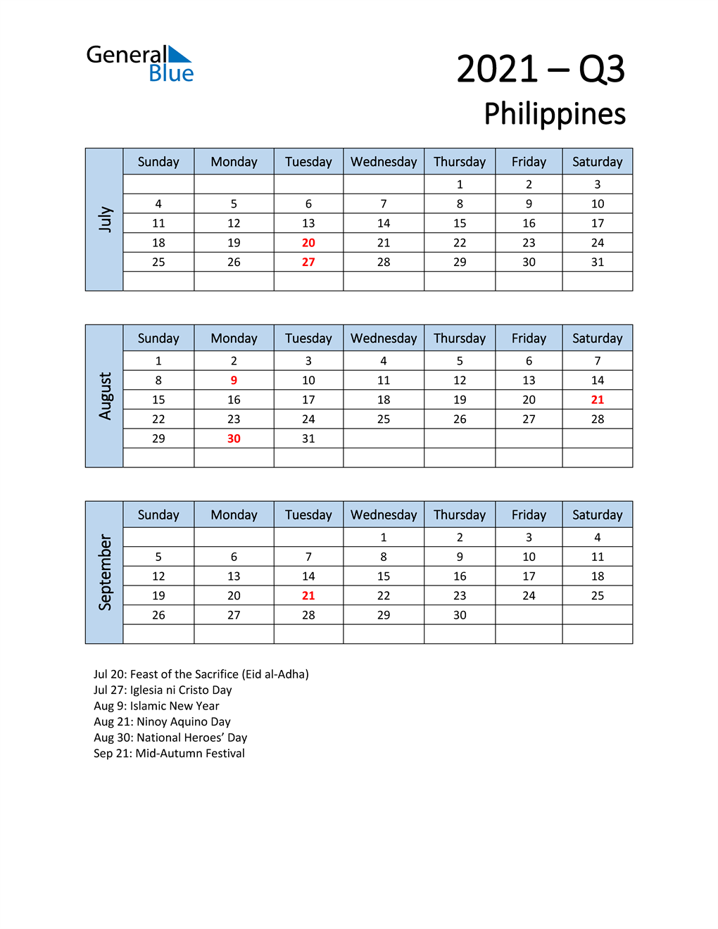  Free Q3 2021 Calendar for Philippines