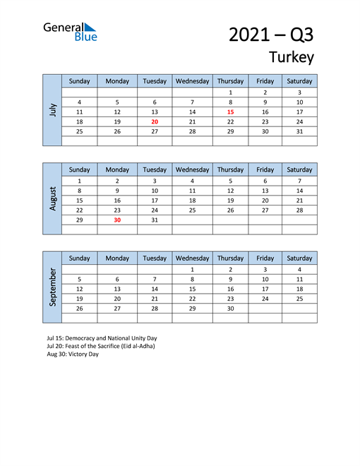  Free Q3 2021 Calendar for Turkey