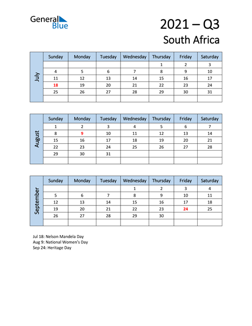  Free Q3 2021 Calendar for South Africa