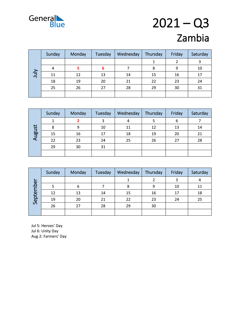  Free Q3 2021 Calendar for Zambia