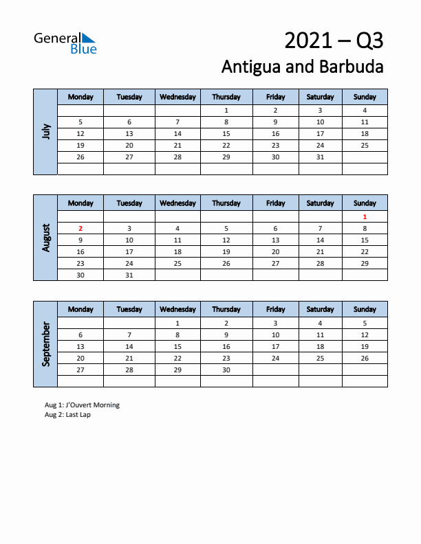 Free Q3 2021 Calendar for Antigua and Barbuda - Monday Start