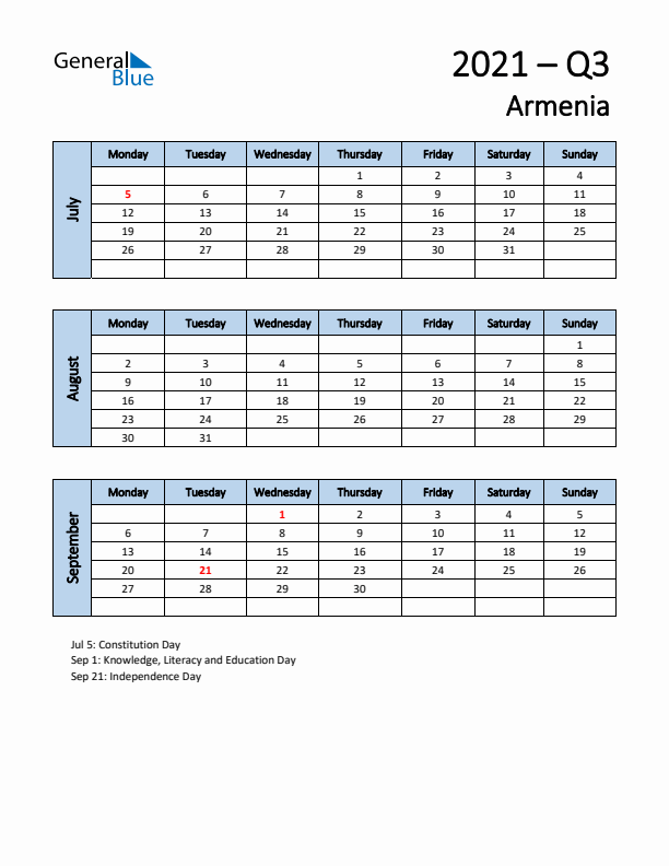 Free Q3 2021 Calendar for Armenia - Monday Start