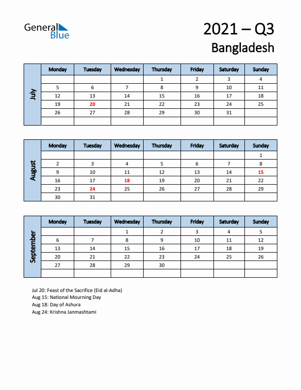 Free Q3 2021 Calendar for Bangladesh - Monday Start