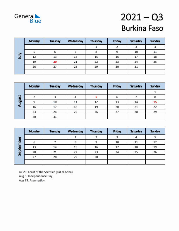 Free Q3 2021 Calendar for Burkina Faso - Monday Start