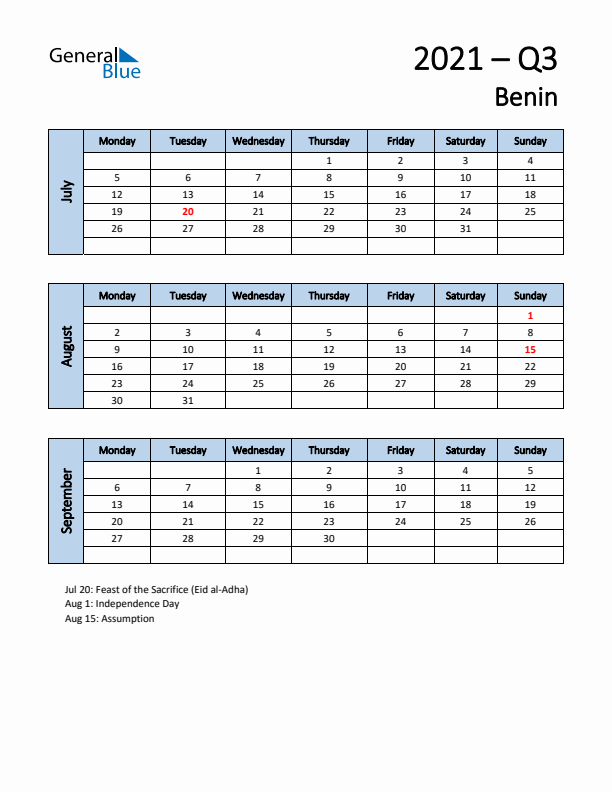 Free Q3 2021 Calendar for Benin - Monday Start