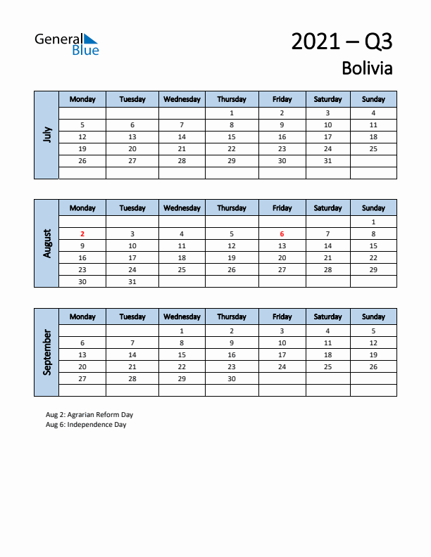 Free Q3 2021 Calendar for Bolivia - Monday Start