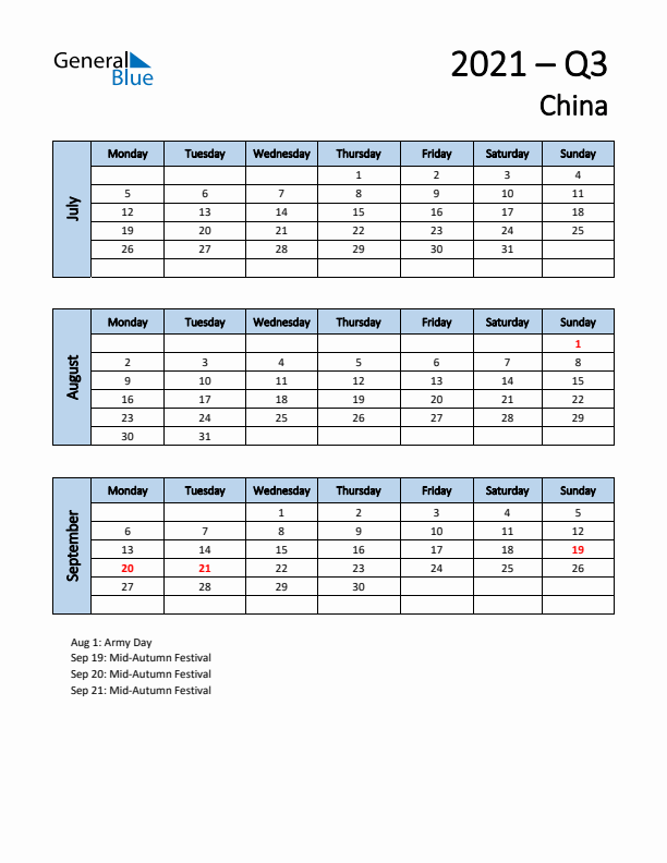 Free Q3 2021 Calendar for China - Monday Start