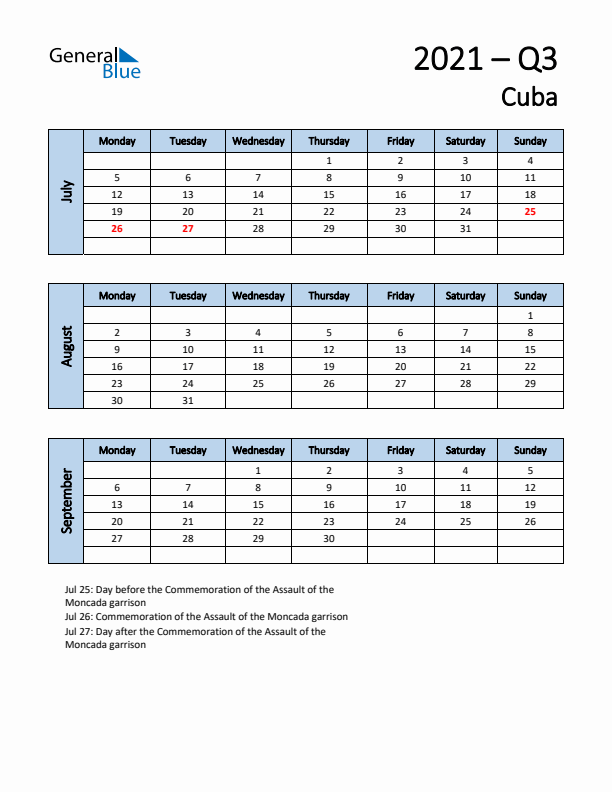 Free Q3 2021 Calendar for Cuba - Monday Start