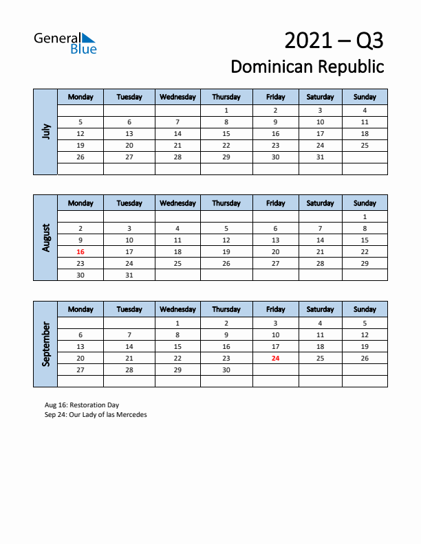Free Q3 2021 Calendar for Dominican Republic - Monday Start