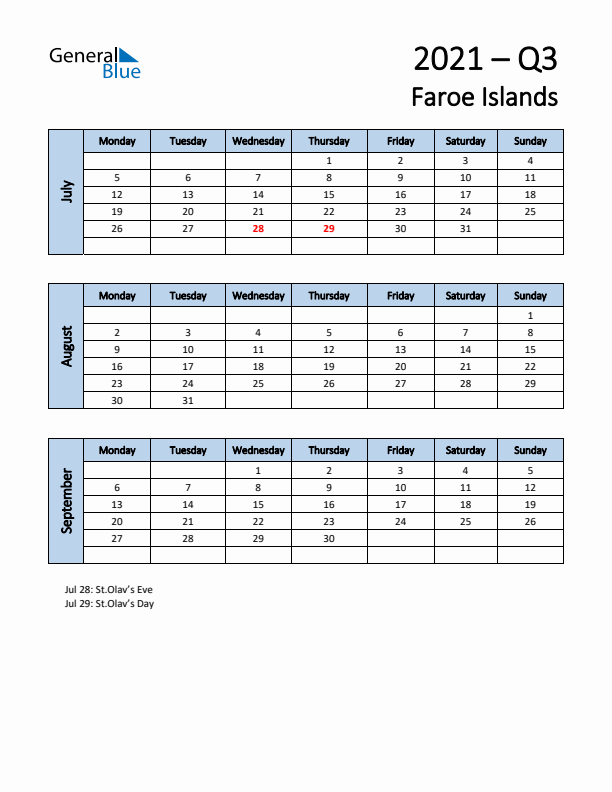 Free Q3 2021 Calendar for Faroe Islands - Monday Start