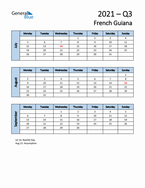 Free Q3 2021 Calendar for French Guiana - Monday Start