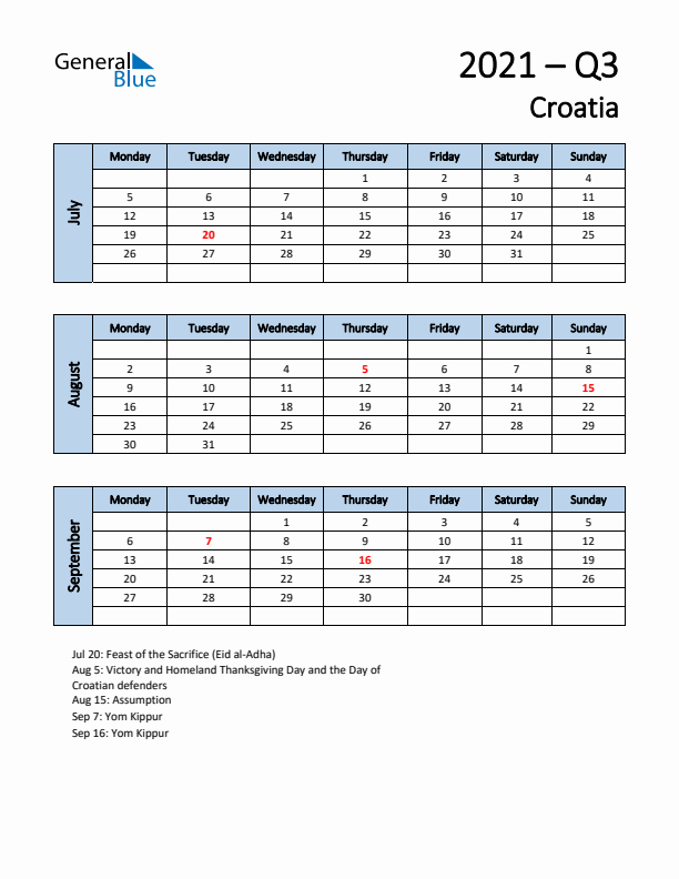 Free Q3 2021 Calendar for Croatia - Monday Start