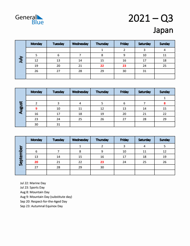 Free Q3 2021 Calendar for Japan - Monday Start