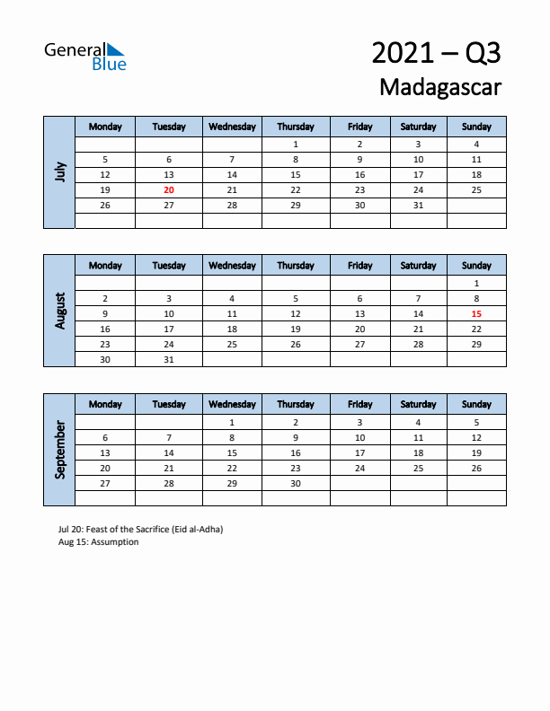 Free Q3 2021 Calendar for Madagascar - Monday Start