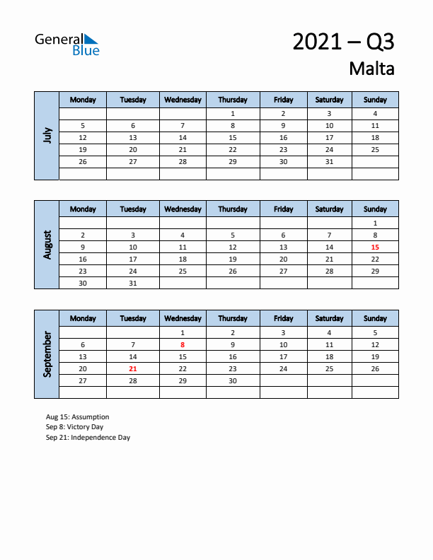 Free Q3 2021 Calendar for Malta - Monday Start
