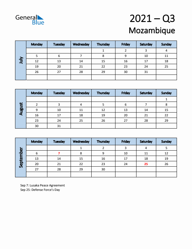 Free Q3 2021 Calendar for Mozambique - Monday Start