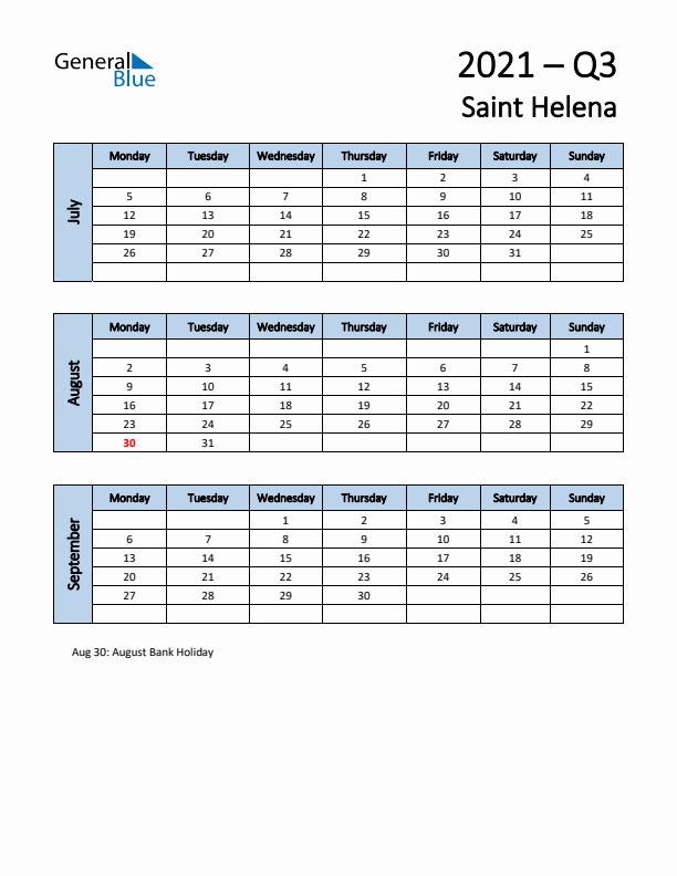 Free Q3 2021 Calendar for Saint Helena - Monday Start
