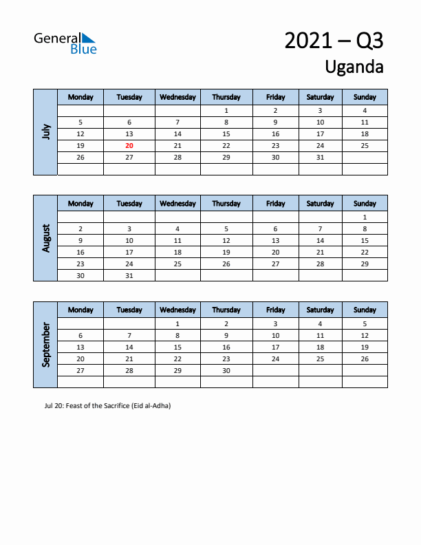 Free Q3 2021 Calendar for Uganda - Monday Start