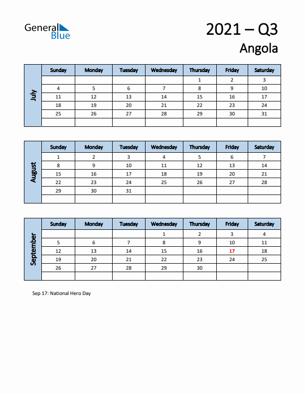 Free Q3 2021 Calendar for Angola - Sunday Start
