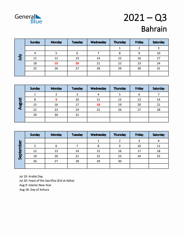 Free Q3 2021 Calendar for Bahrain - Sunday Start