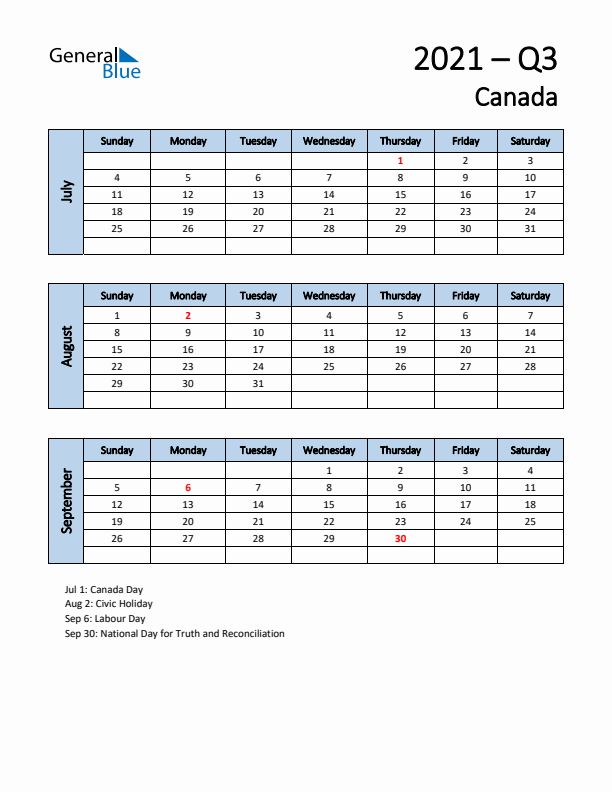 Free Q3 2021 Calendar for Canada - Sunday Start