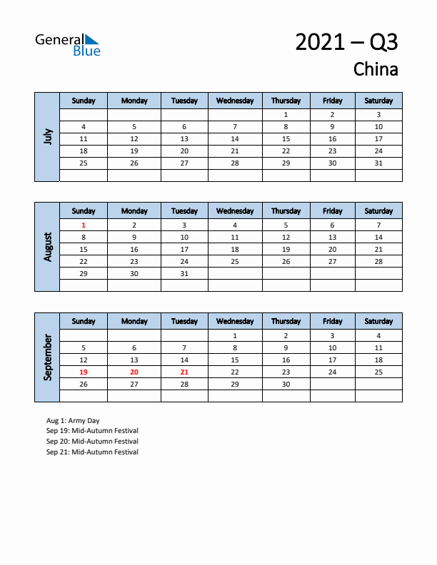 Free Q3 2021 Calendar for China - Sunday Start