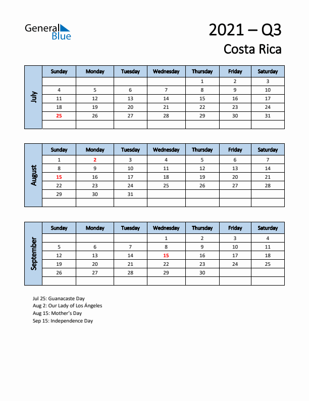 Free Q3 2021 Calendar for Costa Rica - Sunday Start