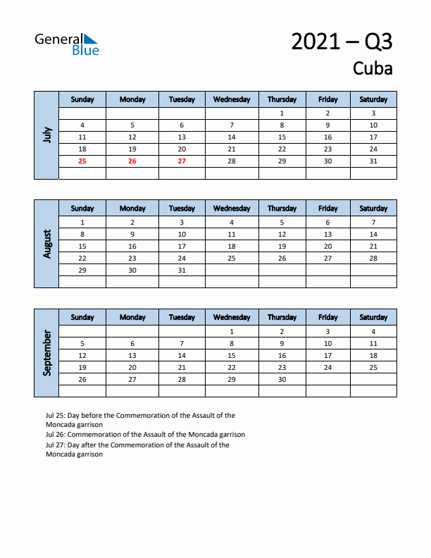 Free Q3 2021 Calendar for Cuba - Sunday Start