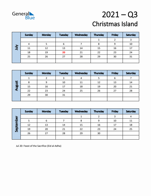 Free Q3 2021 Calendar for Christmas Island - Sunday Start