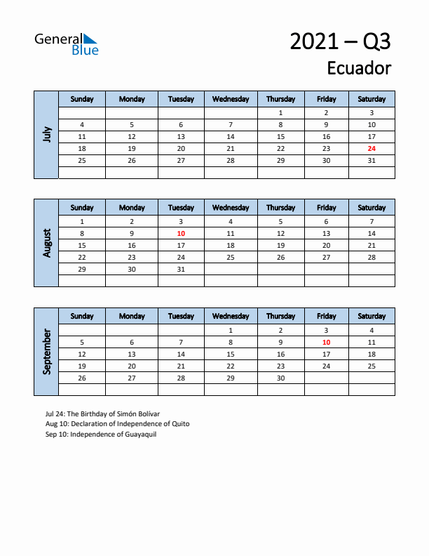 Free Q3 2021 Calendar for Ecuador - Sunday Start
