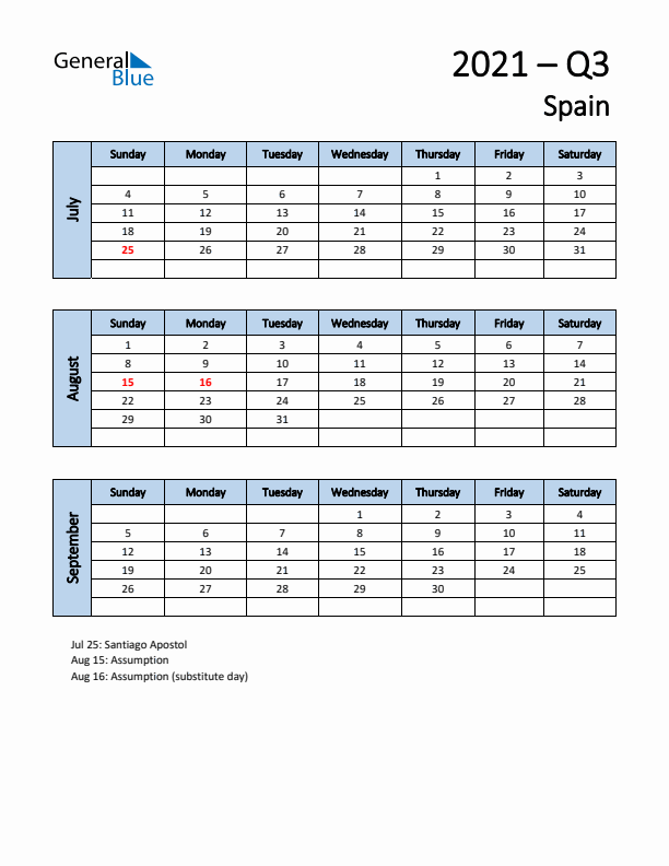 Free Q3 2021 Calendar for Spain - Sunday Start