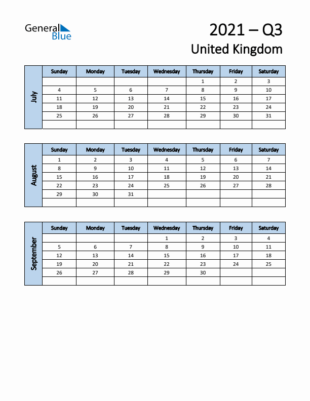 Free Q3 2021 Calendar for United Kingdom - Sunday Start