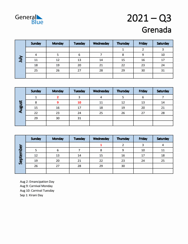 Free Q3 2021 Calendar for Grenada - Sunday Start