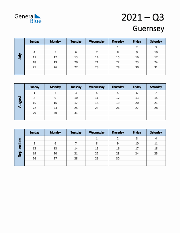 Free Q3 2021 Calendar for Guernsey - Sunday Start