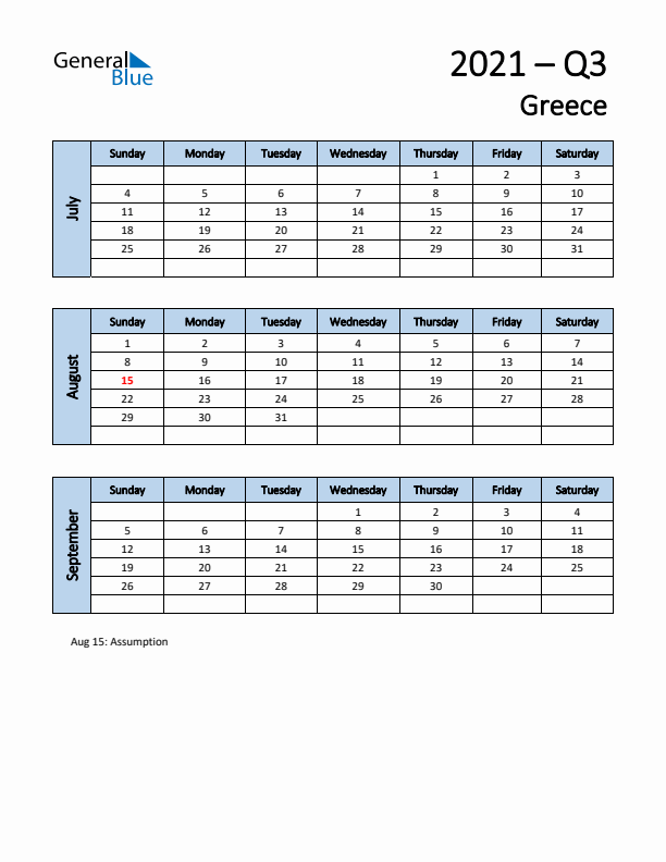 Free Q3 2021 Calendar for Greece - Sunday Start