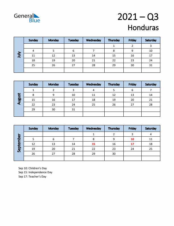 Free Q3 2021 Calendar for Honduras - Sunday Start