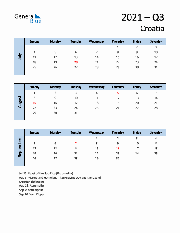 Free Q3 2021 Calendar for Croatia - Sunday Start