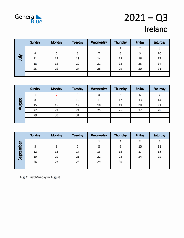 Free Q3 2021 Calendar for Ireland - Sunday Start